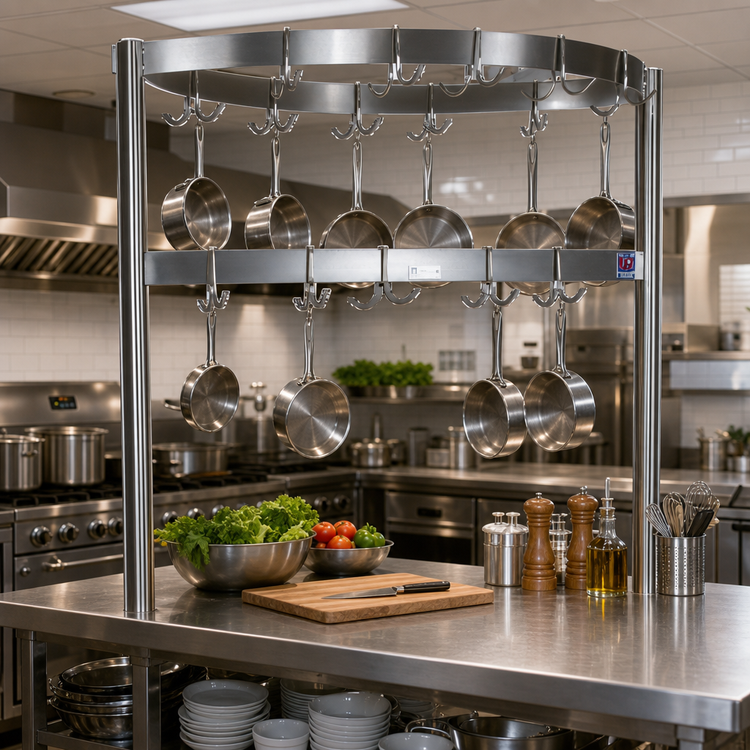 Product image #2 for John Boos PRB05 Boat-Shaped Table-Mounted Stainless Steel Pot Rack, 115-1/4 Inch x 18-1/8 Inch, 30 Double Hooks