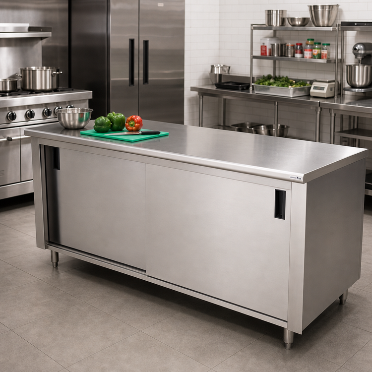 Product image #2 for Advance Tabco Special Value Economy 108" x 24" Enclosed Work Table with Sliding Doors and Stainless Steel Top