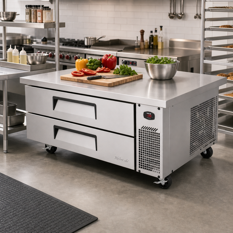 Product image #2 for Turbo Air Super Deluxe 2-Drawer Extended Top Chef Base Refrigerator, 58-1/4 Inch Wide, 9.1 Cu. Ft., Side-Mounted Self-Contained Refrigeration