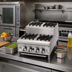 Thumbnail image #2 for Jade Range (Middleby) Supreme JHPE-3-224-F 24-Inch Natural Gas Step-Up Hot Plate with 5 Open Burners, Open Base and Undershelf