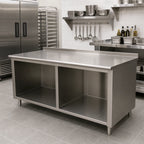 Thumbnail image #2 for Advance Tabco EF-SS-3010 120"W x 30"D Stainless Steel Work Table, Open Front Cabinet Base, 14-Gauge Top, 1-1/2" Rear Up-Turn