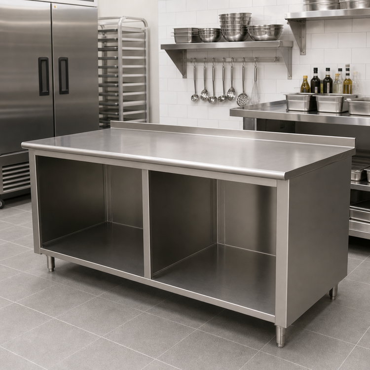 Product image #2 for Advance Tabco 120-Inch x 30-Inch Stainless Steel Work Table with Open Front Cabinet Base and 1-1/2-Inch Rear Up-Turn