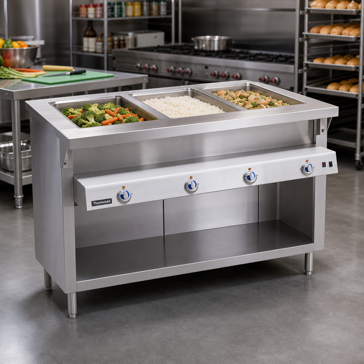 Product image #2 for Thurmaduke E-3-DLSS 3-Well Electric Steamtable with Stainless Steel Sealed Wells, Undershelf, and Cutting Board
