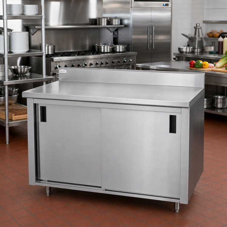 Product image #2 for Advance Tabco 72" x 24" Enclosed Work Table with Cabinet Base, Mid-Shelf, Sliding Doors, 14-Gauge 304 Stainless Steel Top, and 5" Backsplash