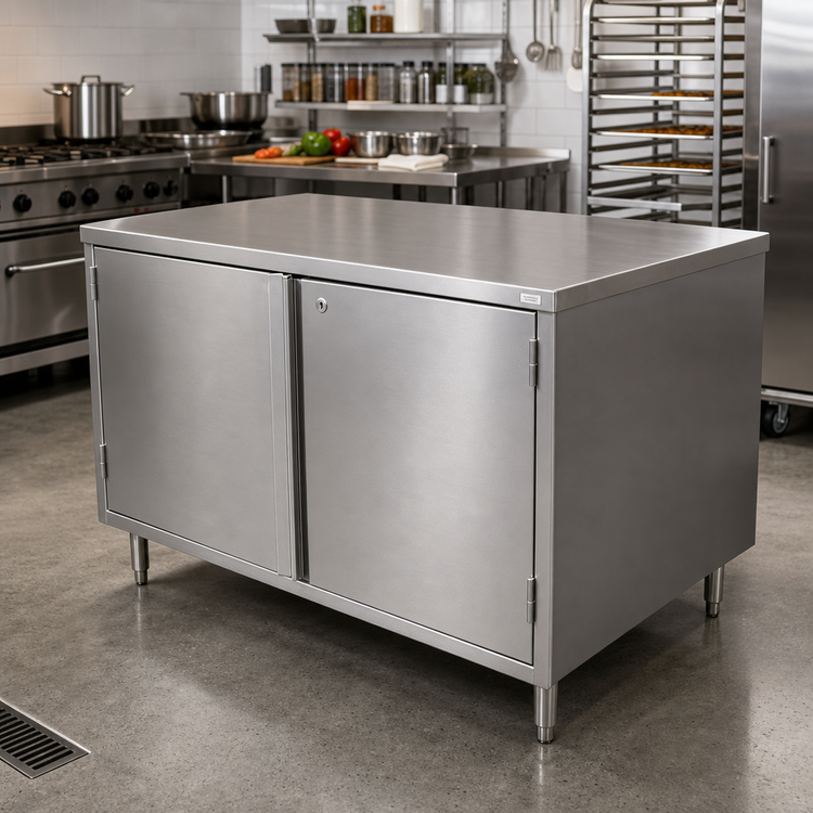 Product image #2 for BK Resources 60 Inch x 30 Inch 304 Stainless Steel Single-Sided Cabinet Base Chef Table with Hinged Doors and Lock