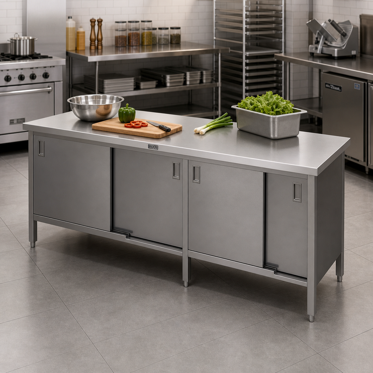 Product image #2 for John Boos Enclosed Cabinet Base Stainless Steel Work Table with Sliding Doors, 96 x 30 Inches, Flat Top