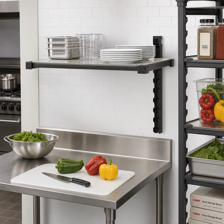 Product image #2 for Cambro Camshelving Elevation Series Wall-Mounted Solid Add-On Shelf Kit, 18-Inch Deep x 30-Inch Wide, Brushed Graphite