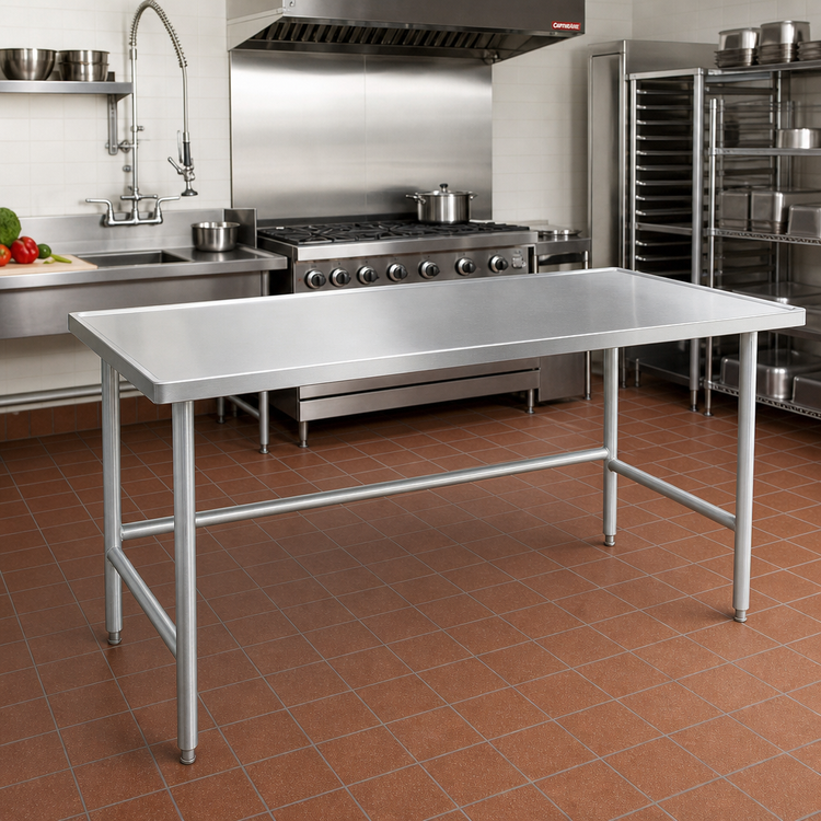 Product image #2 for Advance Tabco 60" x 36" Flat Top Work Table with Countertop/Marine Edge, 14-Gauge 304 Stainless Steel Top and Galvanized Open Base