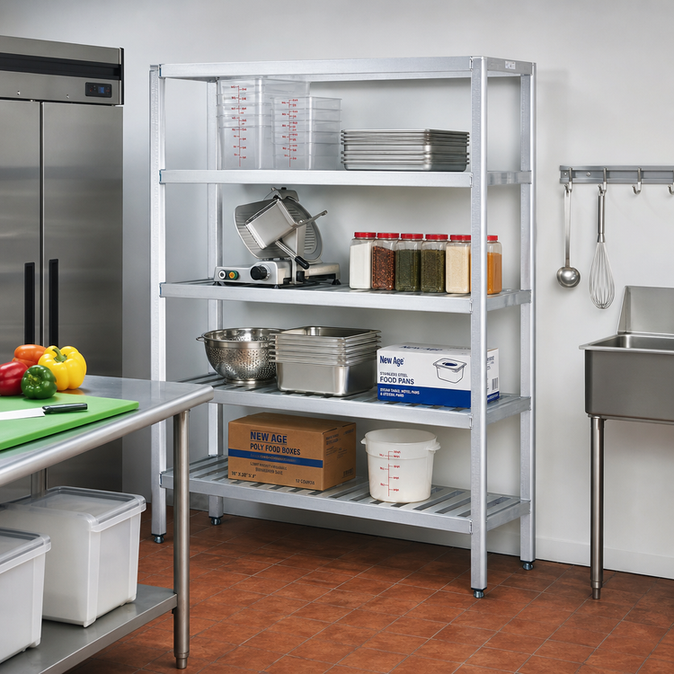 Product image #2 for New Age T-Bar Series 4-Tier Cantilevered Aluminum Shelving Unit, 72"W x 20"D x 72"H, 1000 lb. Shelf Capacity