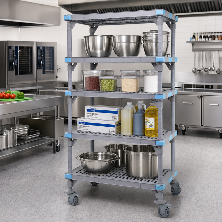 Product image #2 for Millenia 72-Inch Mobile Polymer Shelving Starter Unit with 4 Open Grid Shelves, Gray