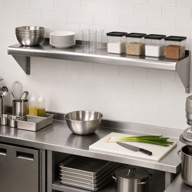 Product image #2 for 72 x 12 Inch Wall-Mounted Stainless Steel Shelf with Bullnose Edge and Rear Up-Turn