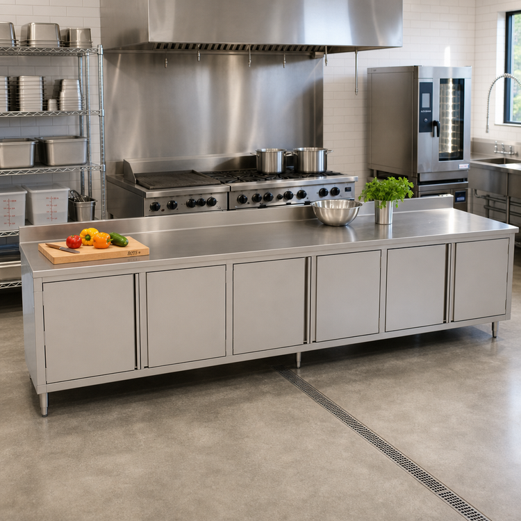 Product image #2 for John Boos Enclosed Work Table with Cabinet Base and 5-Inch Backsplash, 144 x 36 Inches