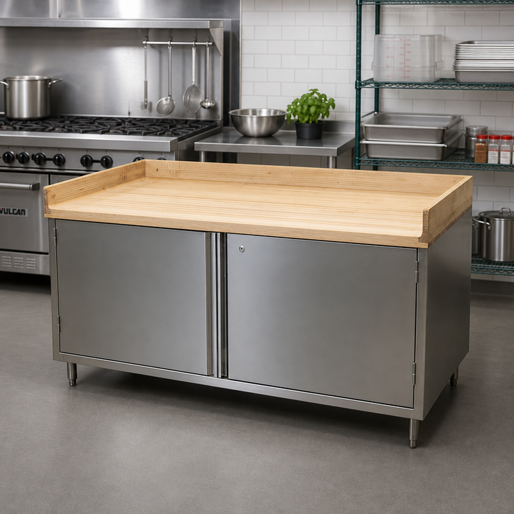 Product image #2 for BK Resources 72-Inch x 30-Inch Hard Maple Chef Table with Stainless Steel Cabinet Base and Hinged Doors
