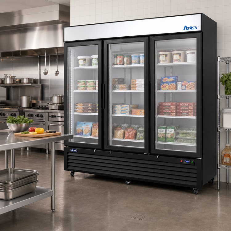 Product image #2 for Atosa Three-Section Glass Door Freezer Merchandiser, 68 Cu. Ft., Bottom-Mount Self-Contained, Black Exterior