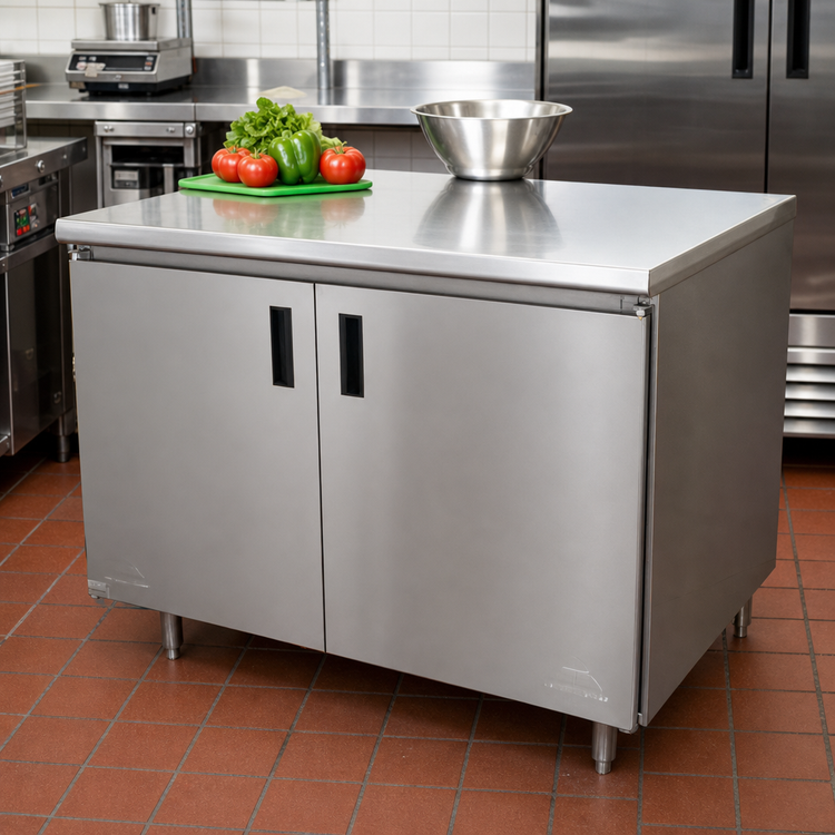 Product image #2 for Advance Tabco Special Value Economy Enclosed Work Table with Cabinet Base, Mid-Shelf and Hinged Doors, 48 x 24 Inches, 16 Gauge 304 Stainless Steel Top