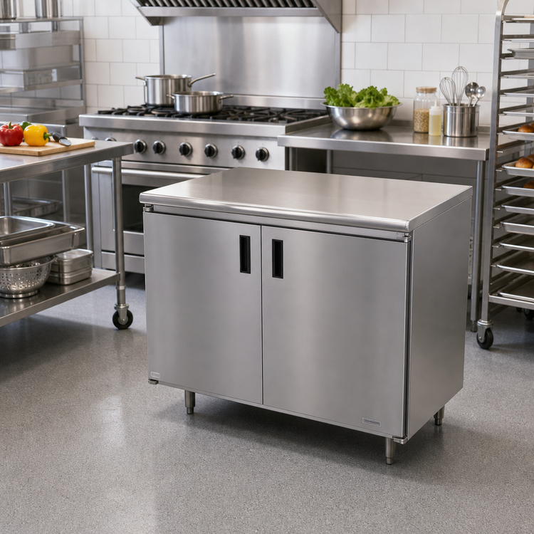 Product image #2 for Advance Tabco Special Value Economy Enclosed Work Table with Cabinet Base, Mid-Shelf and Hinged Doors, 48 x 24 Inches, 16 Gauge 304 Stainless Steel Top