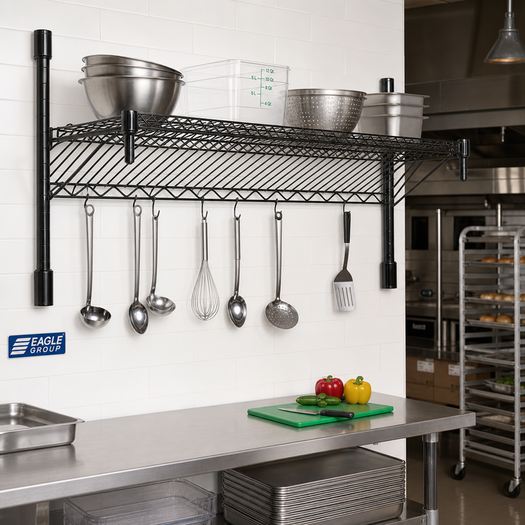Product image #2 for Eagle Group 60" x 18" Reversible Black Epoxy Wire Angled Shelf with Hanger Rails