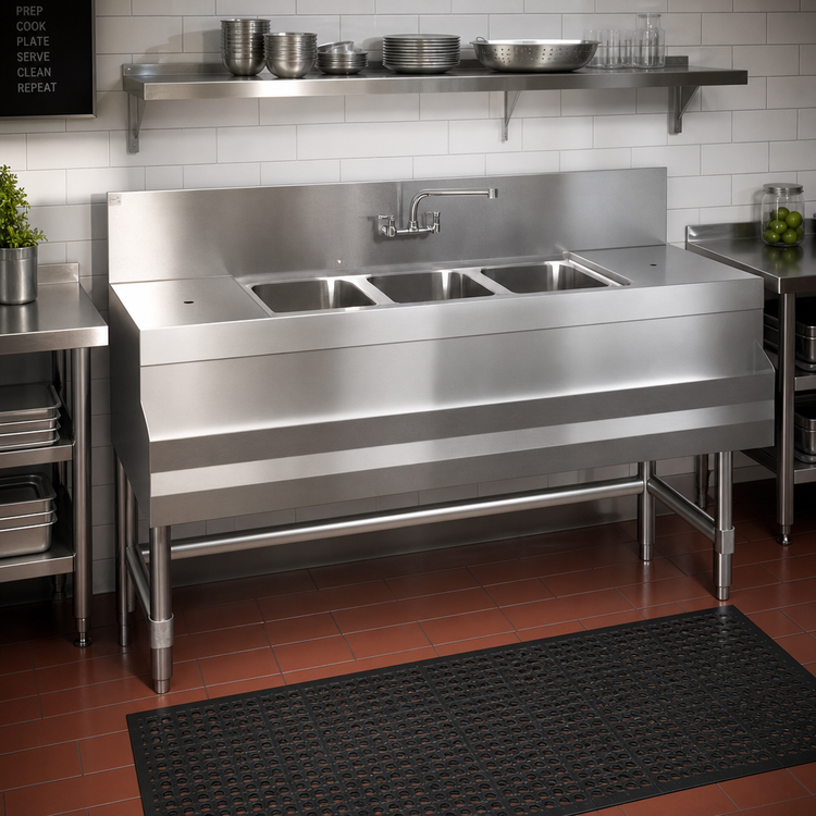 Product image #2 for Spec-Bar Three-Compartment Underbar Sink Unit with Dual Drainboards, 60 x 19 x 37 Inches