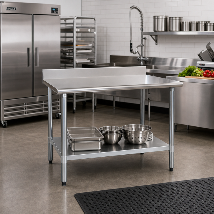 Product image #2 for Eagle Group Deluxe Series Stainless Steel Work Table with 4-1/2-Inch Backsplash and Adjustable Undershelf