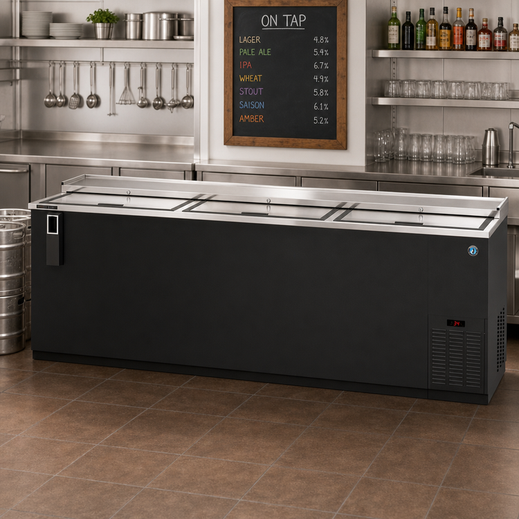 Product image #2 for Hoshizaki Three-Section Reach-In Refrigerated Bottle Cooler, 95 Inch Wide, Side-Mount Self-Contained