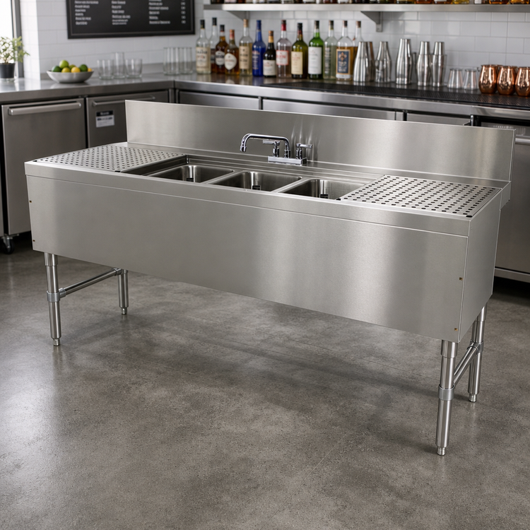 Product image #2 for Advance Tabco Prestige Supreme 84-Inch 3-Compartment Stainless Steel Underbar Sink Unit with Dual Drainboards and Faucet