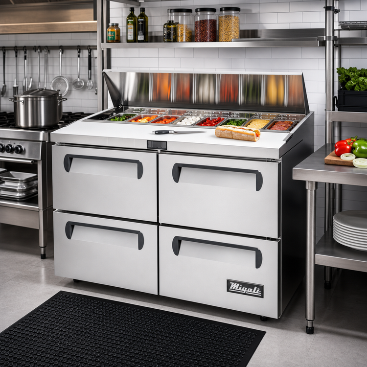 Product image #3 for Migali 60-1/4-Inch Stainless Steel Refrigerated Sandwich Prep Table with Drawers, 16 1/6-Pan Capacity