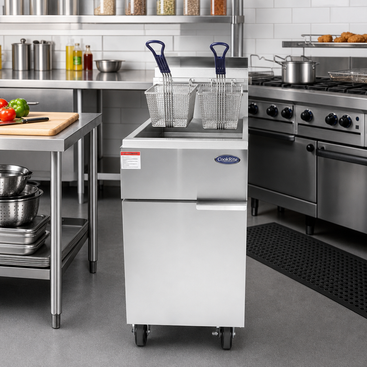 Product image #1 for Atosa Cook Rite 40 lb. Propane Floor Model Deep Fryer, 3-Burner Manual Control