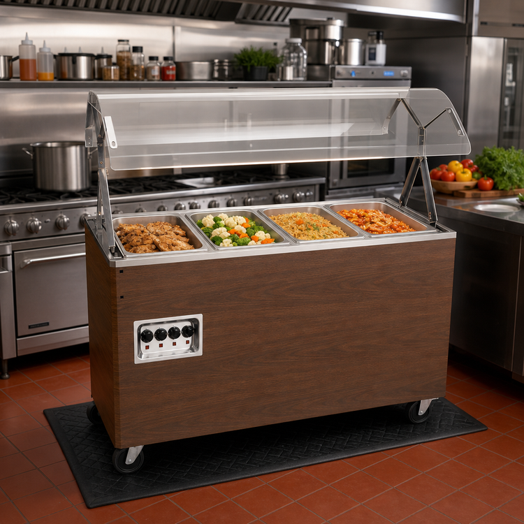 Product image #2 for Vollrath 2-Series Affordable Portable 4-Well Lighted Buffet Hot Food Station with Enclosed Base, Walnut Woodgrain, 120V