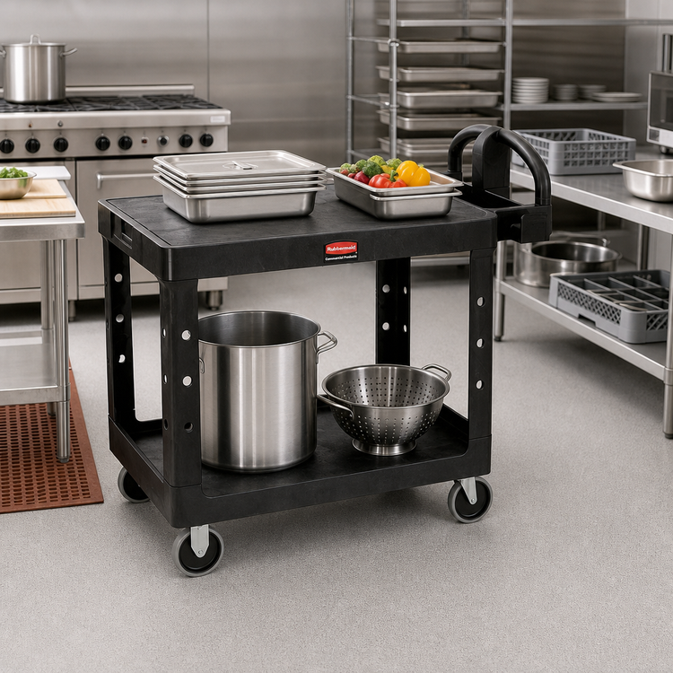 Product image #2 for Rubbermaid Commercial Flat Shelf 2-Shelf Utility Bus Cart, Black, 500 lb Capacity Per Shelf