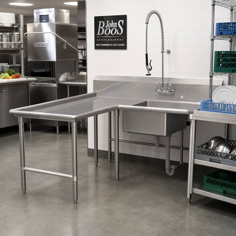 Product image #2 for John Boos Pro-Bowl L-Shaped Island Soiled Dishtable with Pre-Rinse Sink Bowl, Left-to-Right, 16-Gauge 300 Series Stainless Steel, 60 x 108-Inch