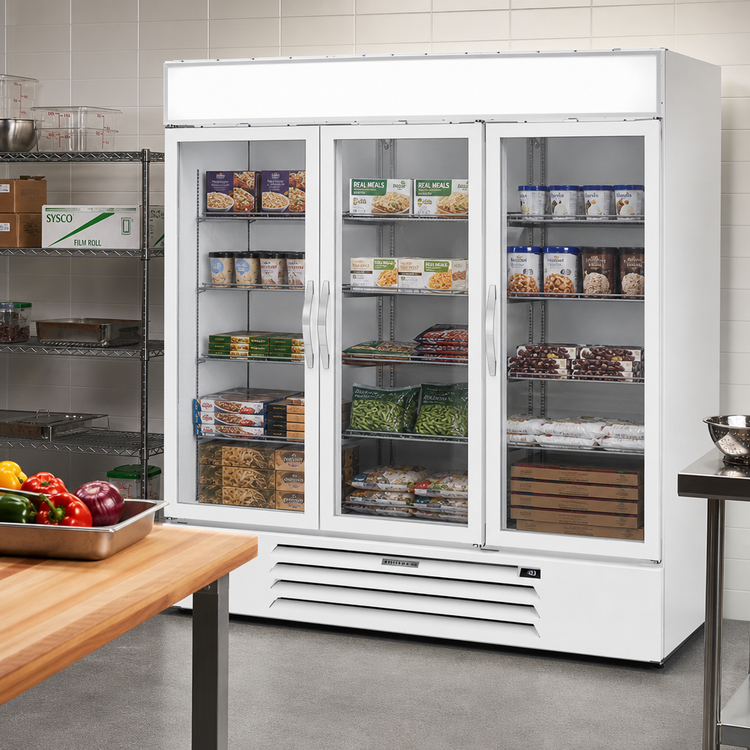 Product image #2 for Beverage-Air MarketMax 75-Inch Three-Section Triple-Pane Glass Door Reach-In Freezer Merchandiser, White, Bottom-Mount, 68.43 Cu. Ft.