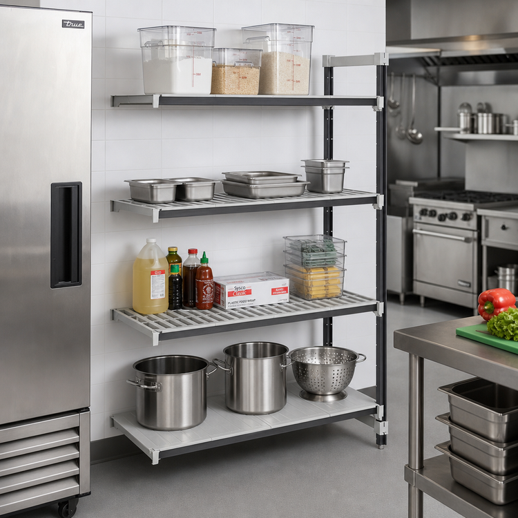 Product image #2 for Cambro Camshelving Elements XTRA Stationary Add-On Polymer Shelving Unit, 4-Tier, 18 x 48 x 64 Inches, Vented & Solid Shelves, Speckled Gray