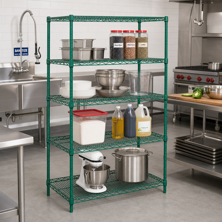 Product image #2 for Quantum 36-Inch x 21-Inch x 63-Inch 4-Shelf Wire Shelving Starter Kit, Green Epoxy Antimicrobial Finish