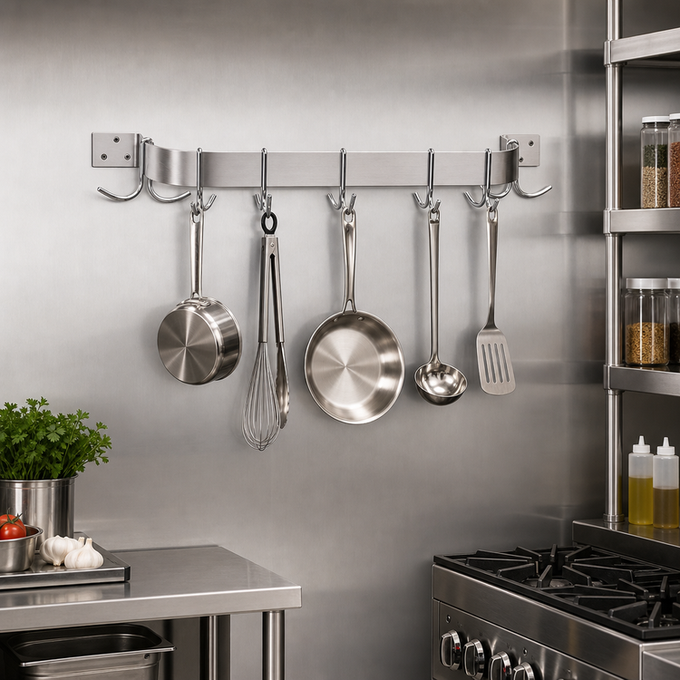 Product image #2 for Advance Tabco Special Value 36-Inch Wall-Mounted Single Bar Stainless Steel Pot Rack with 6 Plated Double Hooks