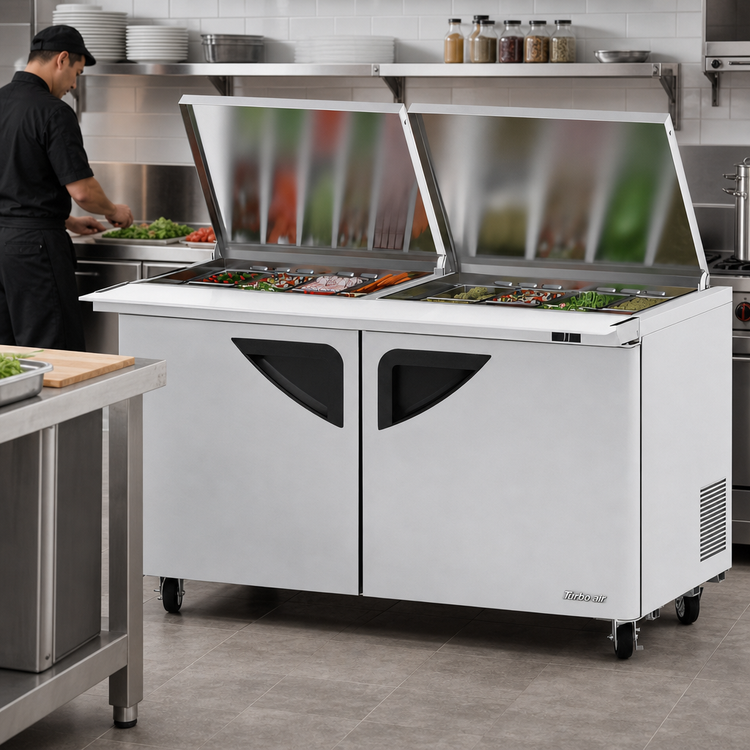 Product image #2 for Turbo Air Super Deluxe 60-Inch Two-Section Sandwich/Salad Mega Top Prep Table with Flat Lids and 24-Pan Opening