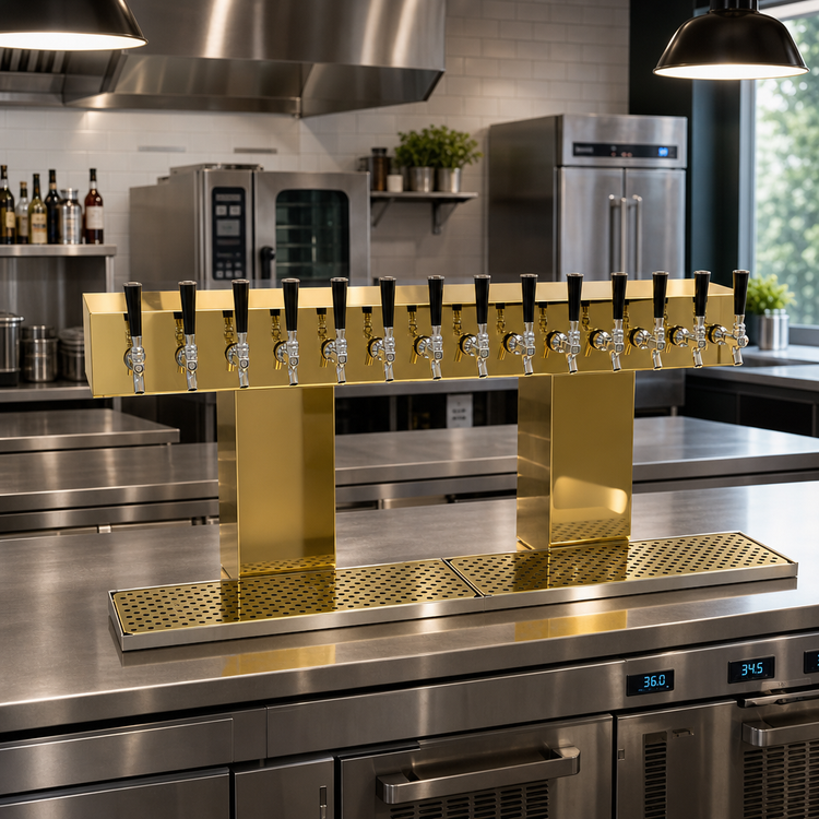 Product image #2 for Glastender 14-Faucet Countertop Bridge Draft Dispensing Tower, Glycol-Cooled, Polished Brass Finish