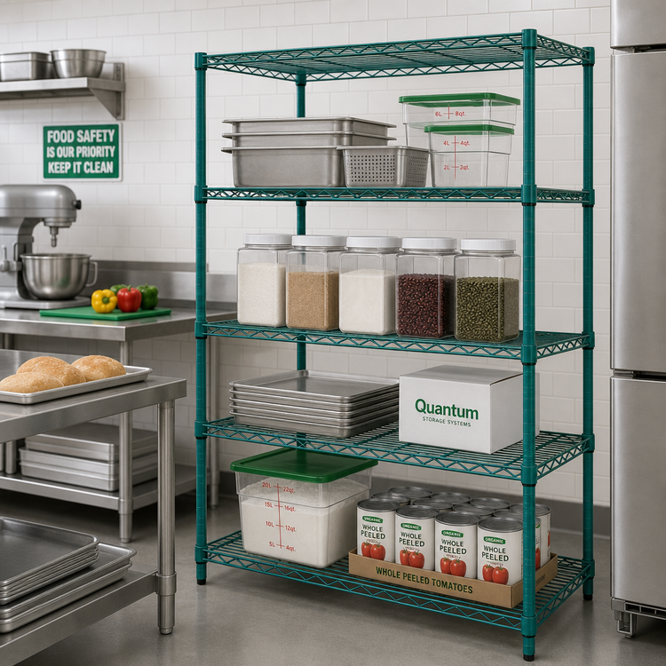 Product image #2 for Quantum 4-Tier Stationary Wire Shelving Unit Pack, 48 x 18 x 72 Inches, Green Epoxy Antimicrobial Finish