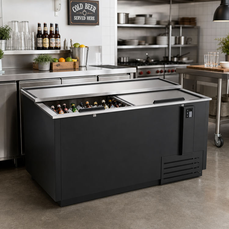 Product image #2 for Horizontal Chest Beer Bottle Cooler with 2 Lockable Sliding Stainless Steel Lids, 17.23 Cu. Ft.