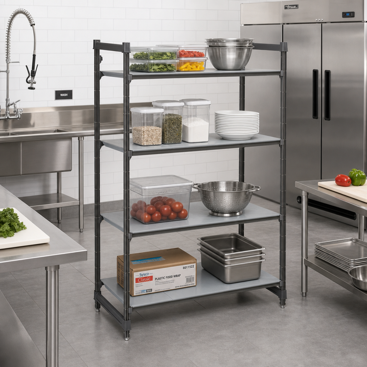 Product image #2 for Cambro Camshelving Basics Plus 4-Tier Stationary Solid Polymer Shelving Starter Unit, 24 x 36 x 64 Inches, Brushed Graphite