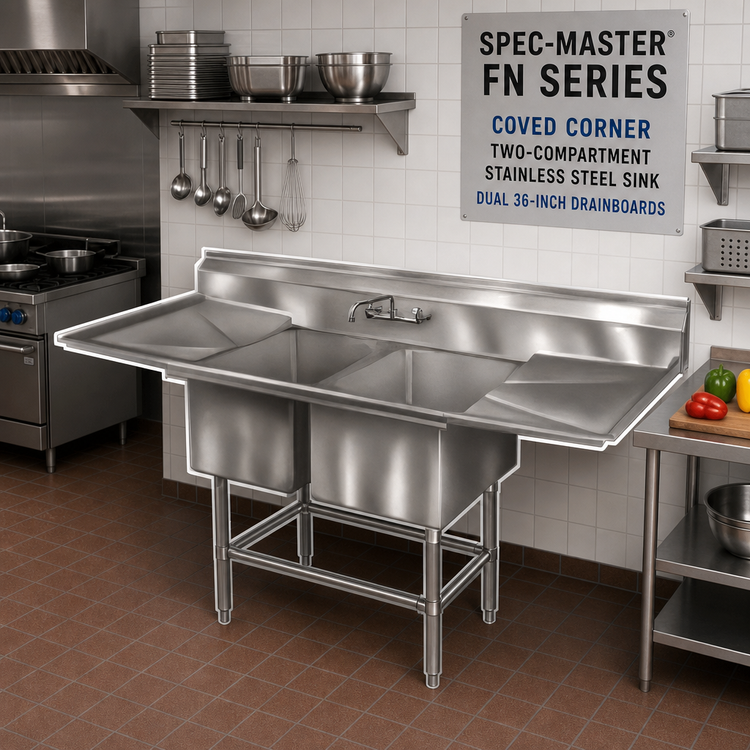 Product image #2 for Spec-Master FN Series Coved Corner Two-Compartment Stainless Steel Sink with Dual 36-Inch Drainboards
