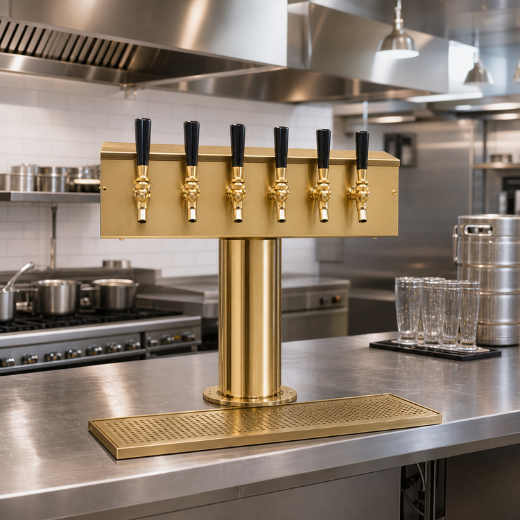 Product image #2 for 6-Faucet Single-Column T-Style Countertop Glycol-Cooled Draft Beer Tower with PVD Brass Finish