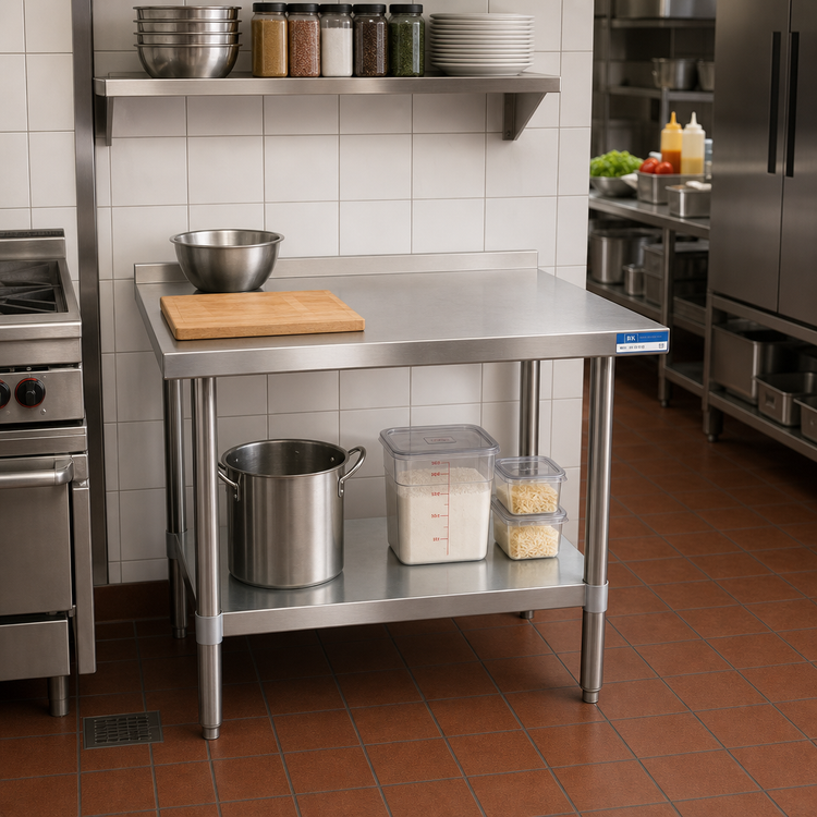 Product image #2 for BK Resources 30 x 30 Inch 18/430 Stainless Steel Corner Work Table with 1-1/2 Inch Rear Riser and Galvanized Undershelf