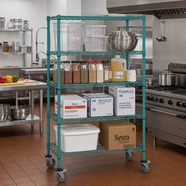 Product image #2 for Quantum M1860P46-5 5-Shelf Mobile Wire Shelving Cart, 60-Inch W x 18-Inch D x 69-Inch H, Green Epoxy Antimicrobial Coating