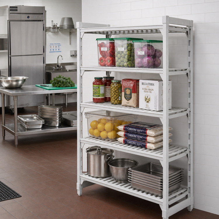 Product image #3 for Cambro Camshelving Premium 4-Shelf Vented Stationary Starter Unit, 21 Inch Deep x 48 Inch Long x 64 Inch High, Speckled Gray