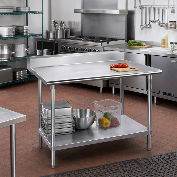 Product image #2 for Advance Tabco KAG-365 60" x 36" 16 Gauge 430 Stainless Steel Work Table with 5" Backsplash and Adjustable Undershelf