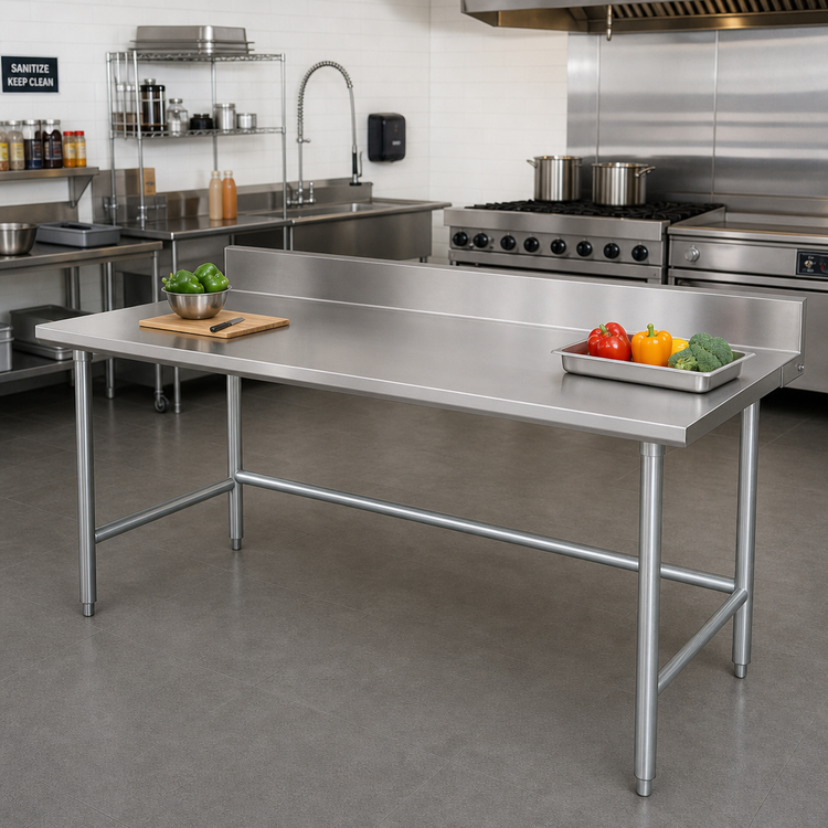 Product image #2 for Advance Tabco TKAG-369 108-Inch Wide 16-Gauge 430 Stainless Steel Work Table with 5-Inch Backsplash and Galvanized Base