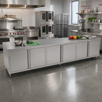Thumbnail image #2 for John Boos 4CH4-24144 144" x 24" 14-Gauge 300 Series Stainless Steel Enclosed Work Table with Cabinet Base and 3 Hinged Door Sets