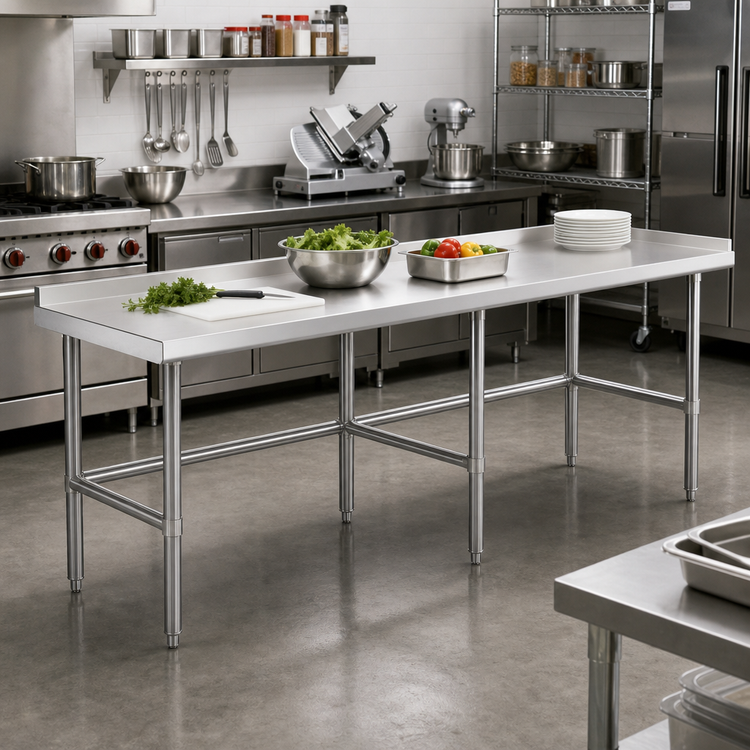 Product image #2 for Steel Works Stainless 18-Gauge 304 Stainless Steel Open Base Worktable, 84 x 30 x 34 Inches, 2-Inch Rear Upturn