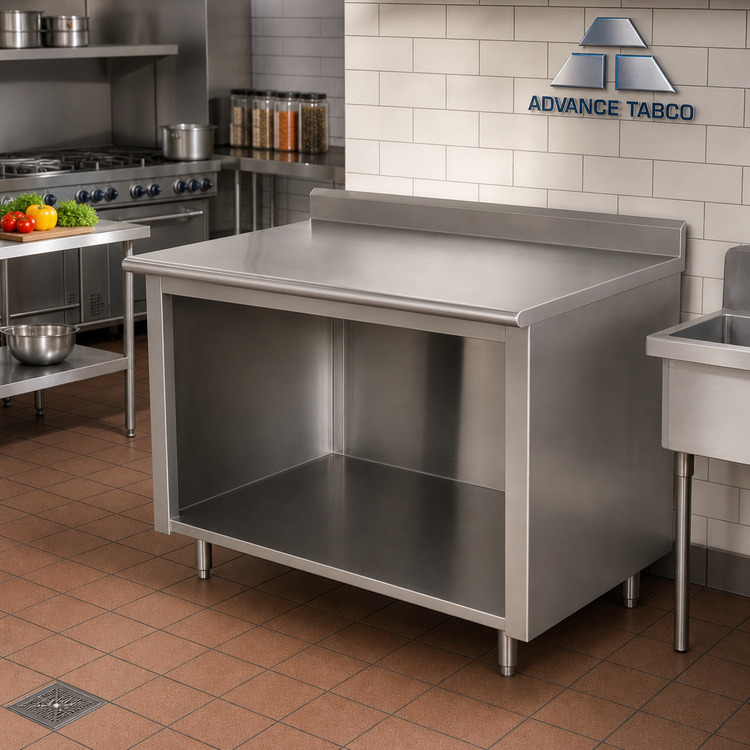 Product image #2 for Advance Tabco 60" x 24" Stainless Steel Work Table with Open Front Cabinet Base and 5" Backsplash