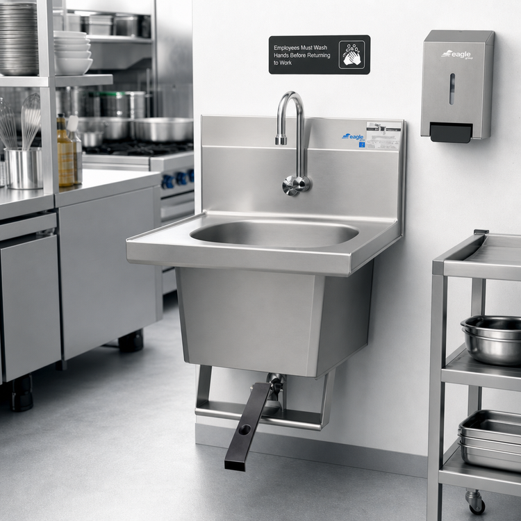 Product image #2 for Eagle Group Wall-Mounted 304 Stainless Steel Hand Sink with Single Knee Pedal, Skirt, and Faucet